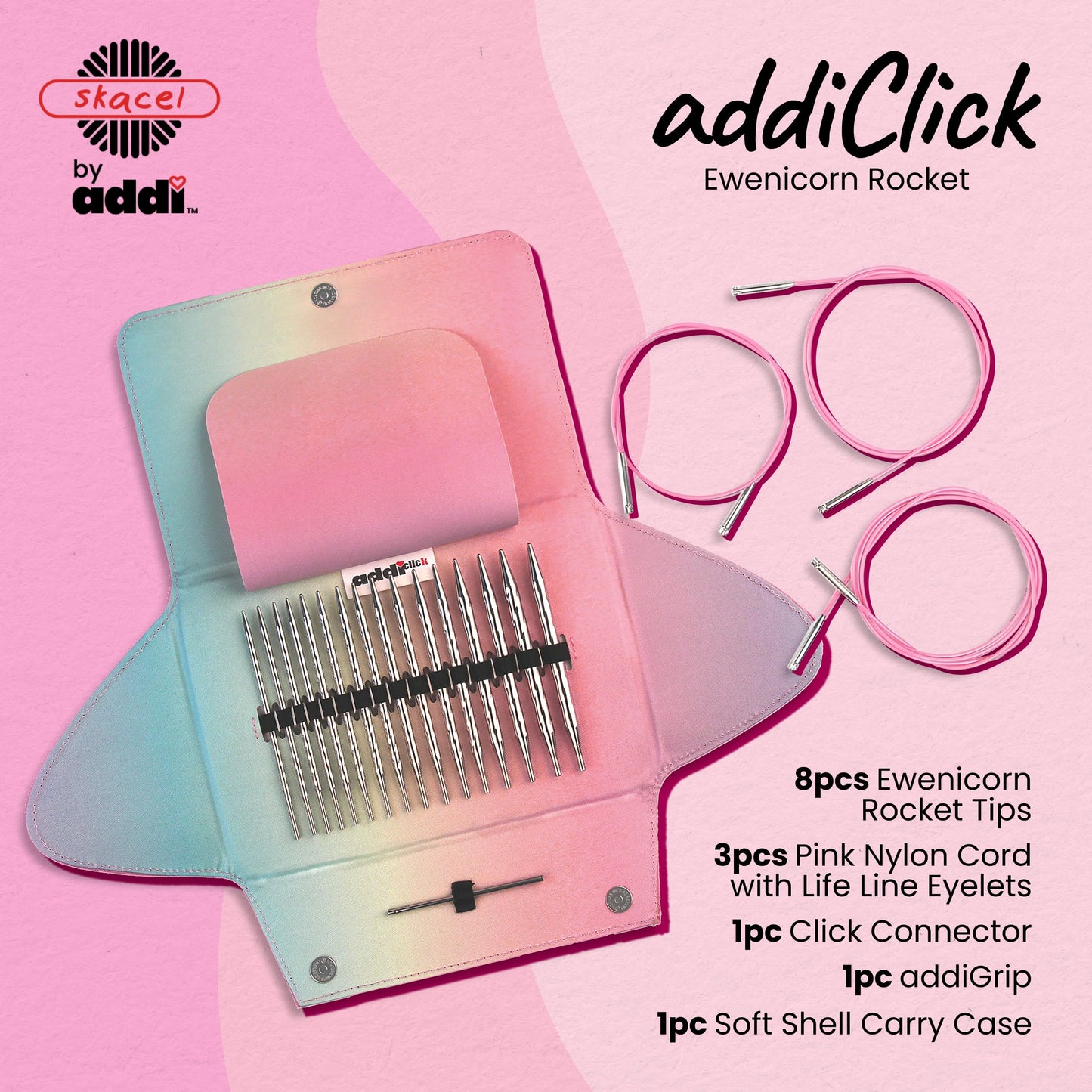 skacel by addi addiClick Interchangeable Knitting Needles Set, Circular Needle Kit with Ewenicorn Rocket Plated Brass Tips and Nylon Cords