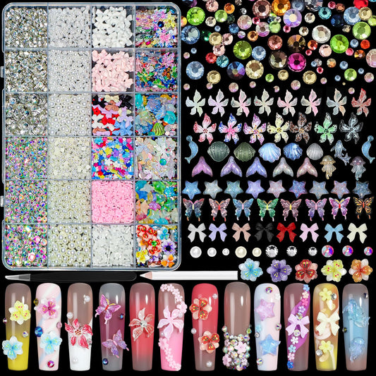 24 Grid Nail Charms - Multi Series Colorful Nail Charms and Gem: 3D Hawaii Flowers Butterflies Ocean Star Bows Rhinestones and Pearls - Charms for Nails Art Supplies DIY Accessories
