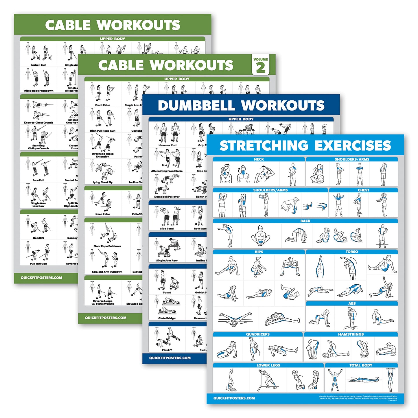 Palace Learning 4 Pack - Cable Machine Workout Posters Volume 1 & 2 + Dumbbell Exercises + Stretching Exercises (LAMINATED, 18" x 24"")"