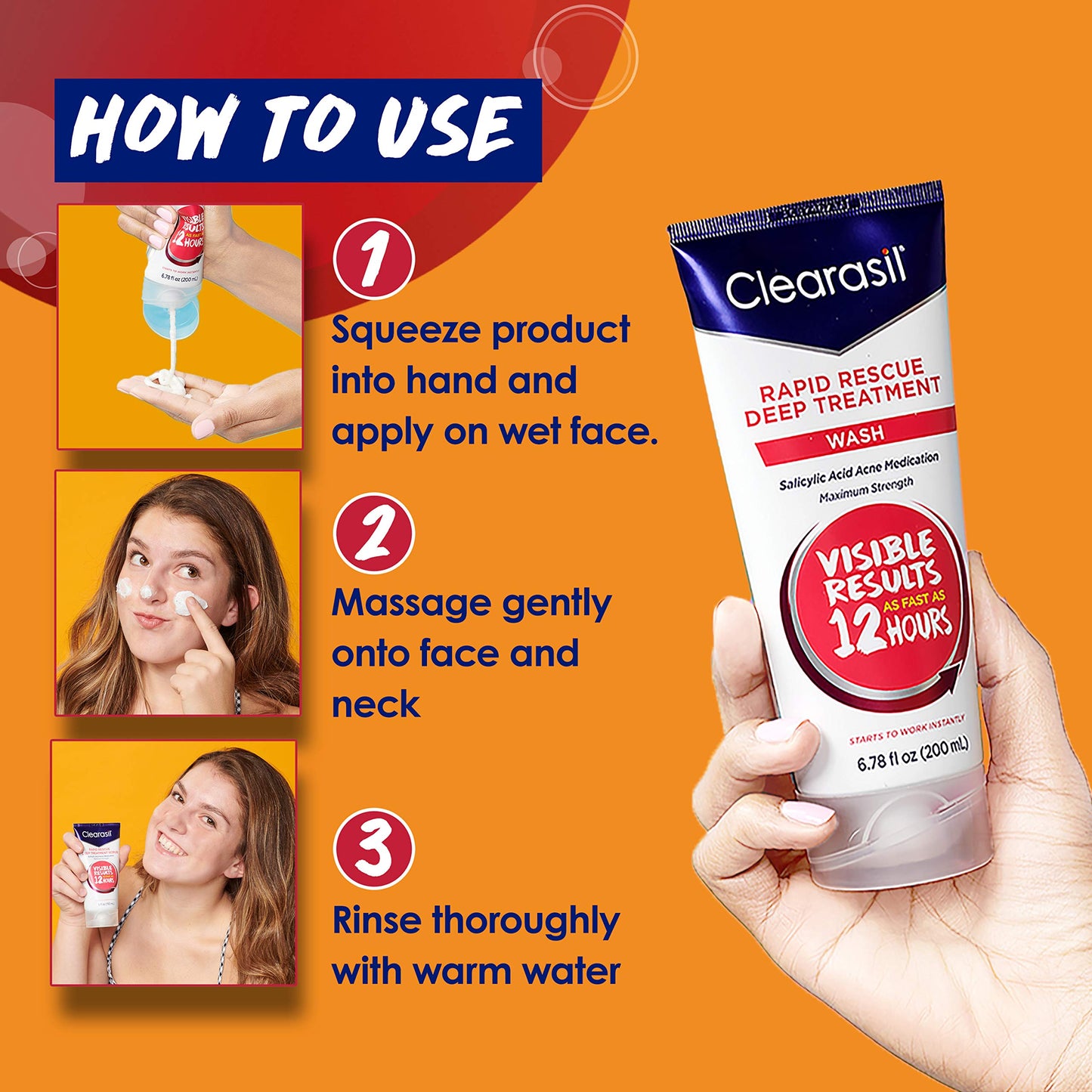 Clearasil Rapid Rescue Deep Treatment Acne Face Wash, Maximum Strenght with 2% Salicylic Acid Acne Medication, Acne-Facial Cleanser, 6.78 fl oz (Pack of 3)