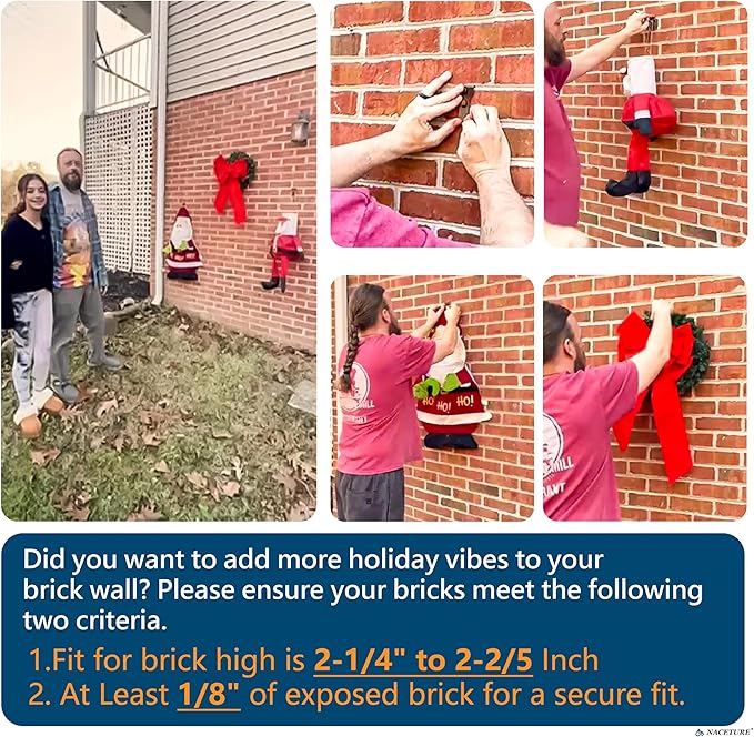 NACETURE Brick Hook Clips, 18-Pack — for Bricks 2-1/4”–2-2/5” Only, Requires ≥1/8” Recessed Mortar Gap — No-Drill Metal Brick Wall Hangers — for Seasonal & Everyday Wall Décor