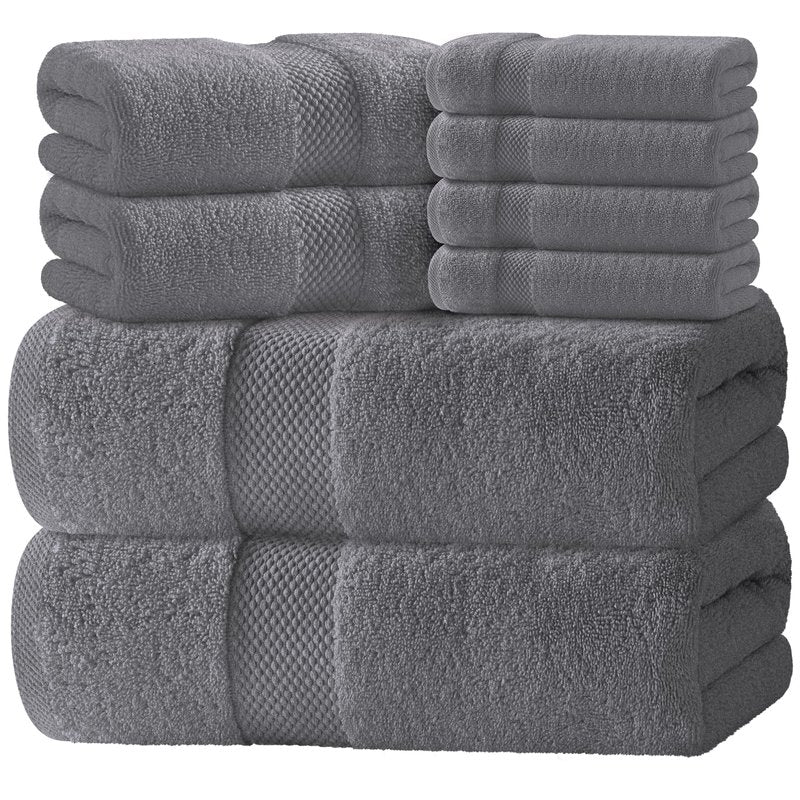 White Classic Luxury Bath Towel Set of 8 Pieces - 100% Turkish Cotton Highly Absorbent Towels for Bathroom, 2 Luxury Bath Towels 700GSM, 2 Hand Towels, 4 Washcloths, Dark Gray