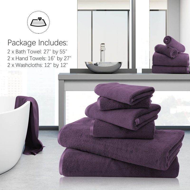 TENSTARS Luxury Silk Hemming Towel Set - Light Thin Quick Drying - 2 Bath Towels 2 Hand Towels 2 Washcloths - Ultra Soft Microfiber Towel for Bath Fitness, Sports, Yoga, Travel (Grape Purple 6 Pieces)