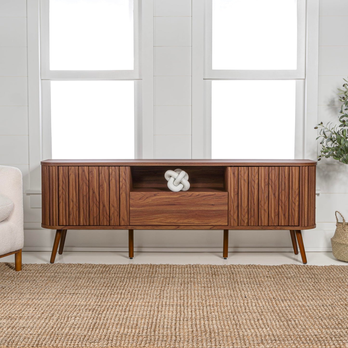JONATHAN Y TVS1001B Damien 70 in. Farmhouse Curved TV Stand with Drawer and Storage Doors Fits TVs up to 75 in. with Cable Management, Walnut for Living Room, Bedroom, Dining Room