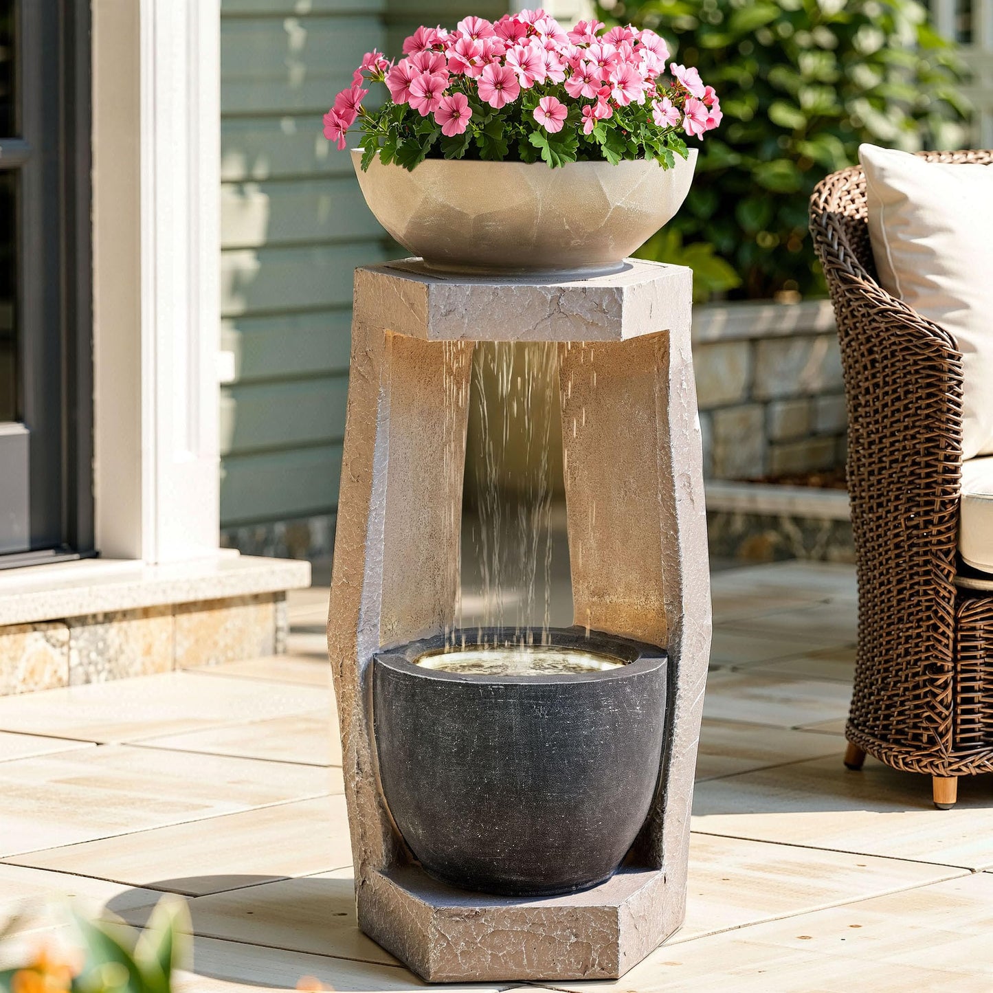 Ultym 32" Outdoor Fountain, Modern Geometric Two Bowls Water Feature with LED Lights, Resin Soothing Cascading Waterfall for Patio, Backyard, Garden or Porch