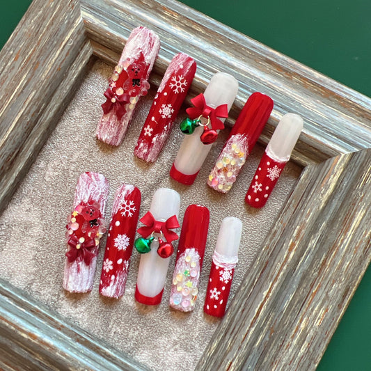 NAIL ANGEL 10PCS/SET Glamorous Handmade Press On Nails Christmas Xmas Holiday Snowman Bell Snowflake French Style Long Coffin Nails Party Nails XXL Long Artifical Tips ZJ-13 (ZJ13, M)