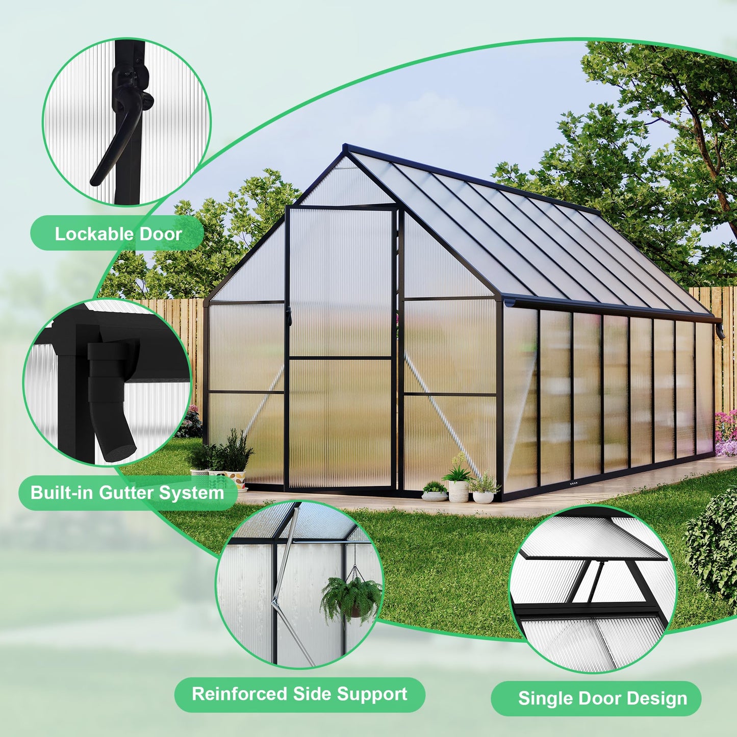 8 ft x16 ft Aluminum-Framed Polycarbonate Greenhouse, Heavy Duty Polycarbonate Greenhouse with Quick Setup Structure and Roof Vent, Large Enhanced Aluminum Green House Kit for Outdoors
