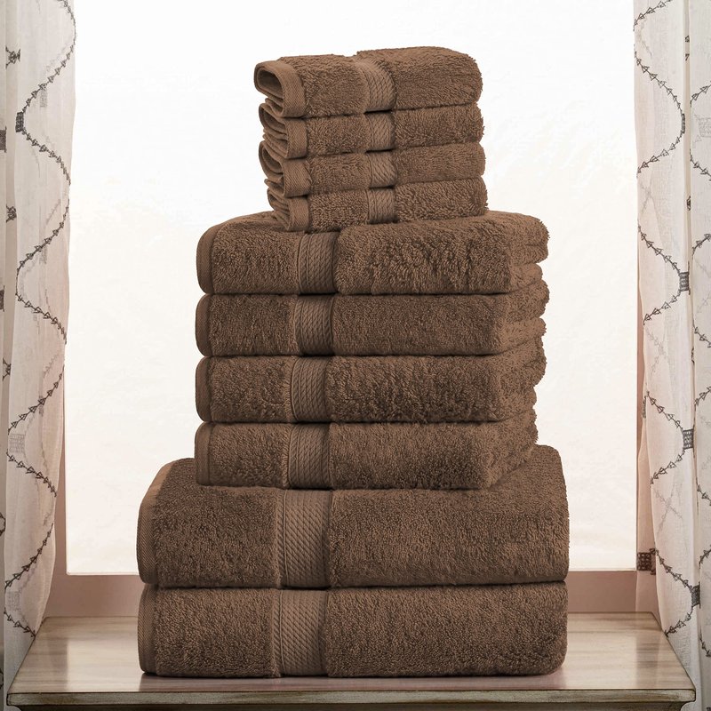 Superior Egyptian Cotton Pile 10 Piece Towel Set, Includes 2 Bath, 4 Hand, 4 Face Towels/ Washcloths, Ultra Soft Luxury Towels, Thick Plush Essentials, Guest Bath, Spa, Hotel Bathroom, Chocolate