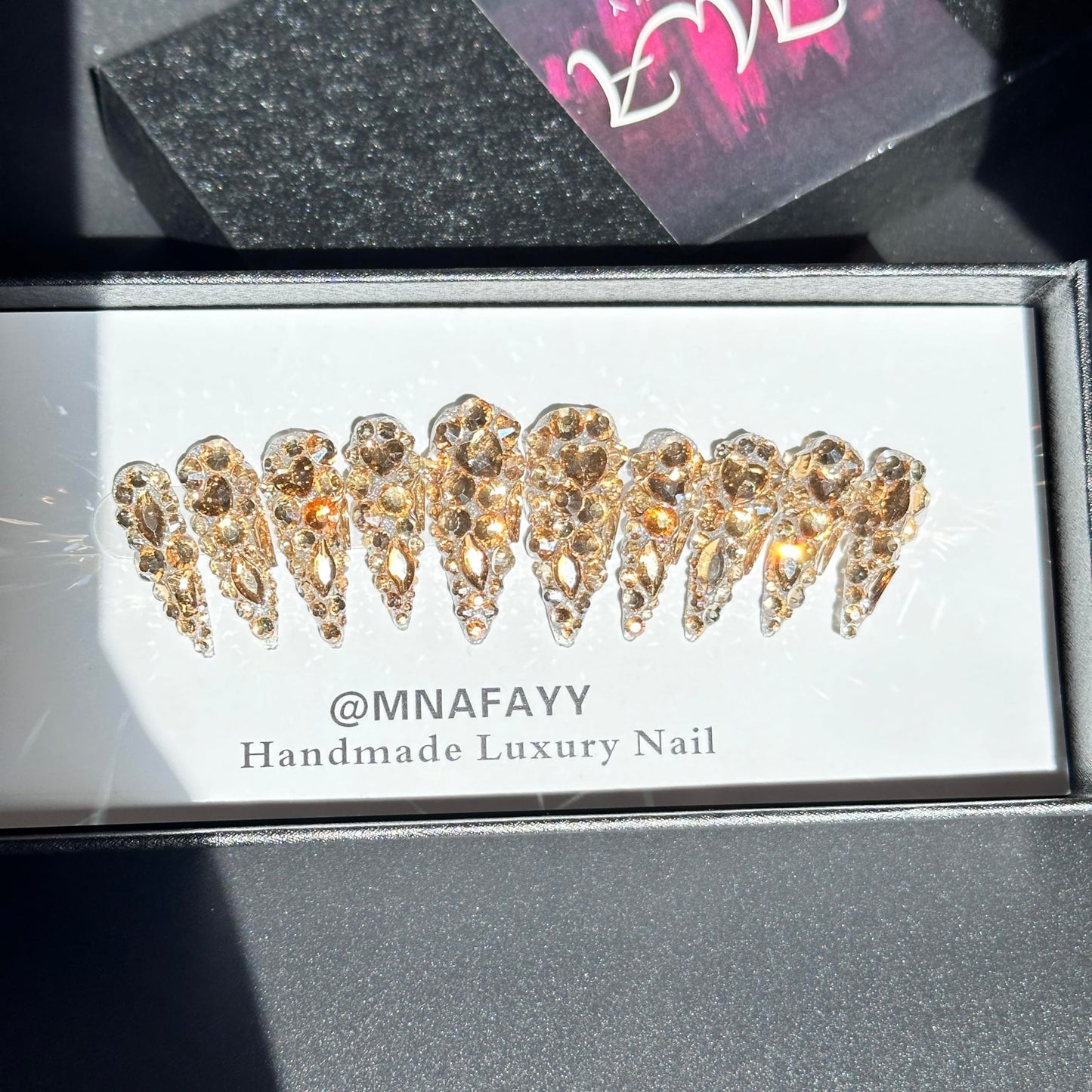 MNAFAYY Luxury Gems 100% Handmade Nails Gold Long Stiletto Press On Nails Full Cover 3D Rhinestone Crystal Gorgeous Reusable UV Finished Fake False Nails Acrylic Nail Kit With Box Gifts for Women S