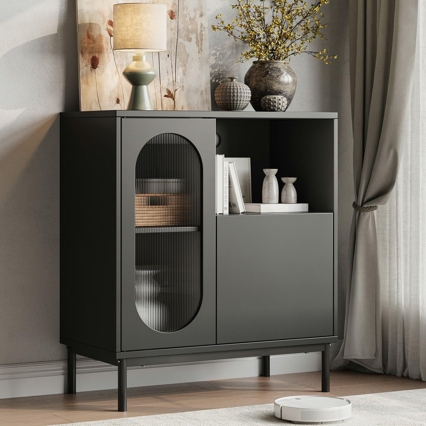 Einhomn Sideboard Buffet Cabinet Set of 2 with Fluted Glass Doors and Adjustable Shelf, Wood Modern Accent Cabinet with Storage for Kitchen, Entryway, Living Room, Black