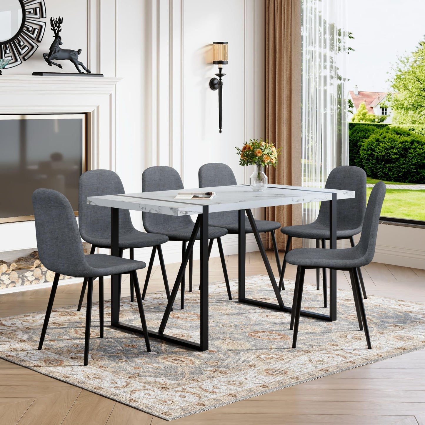 55" Dining Table Set for 6, 7 piece Modern Dining Table Set with Fabric Chairs, Farmhouse Kitchen Table Chairs Set of 6 Suit for Living Dining Room Furniture, Sturdy and Easy-to-Clean (White & Gray)