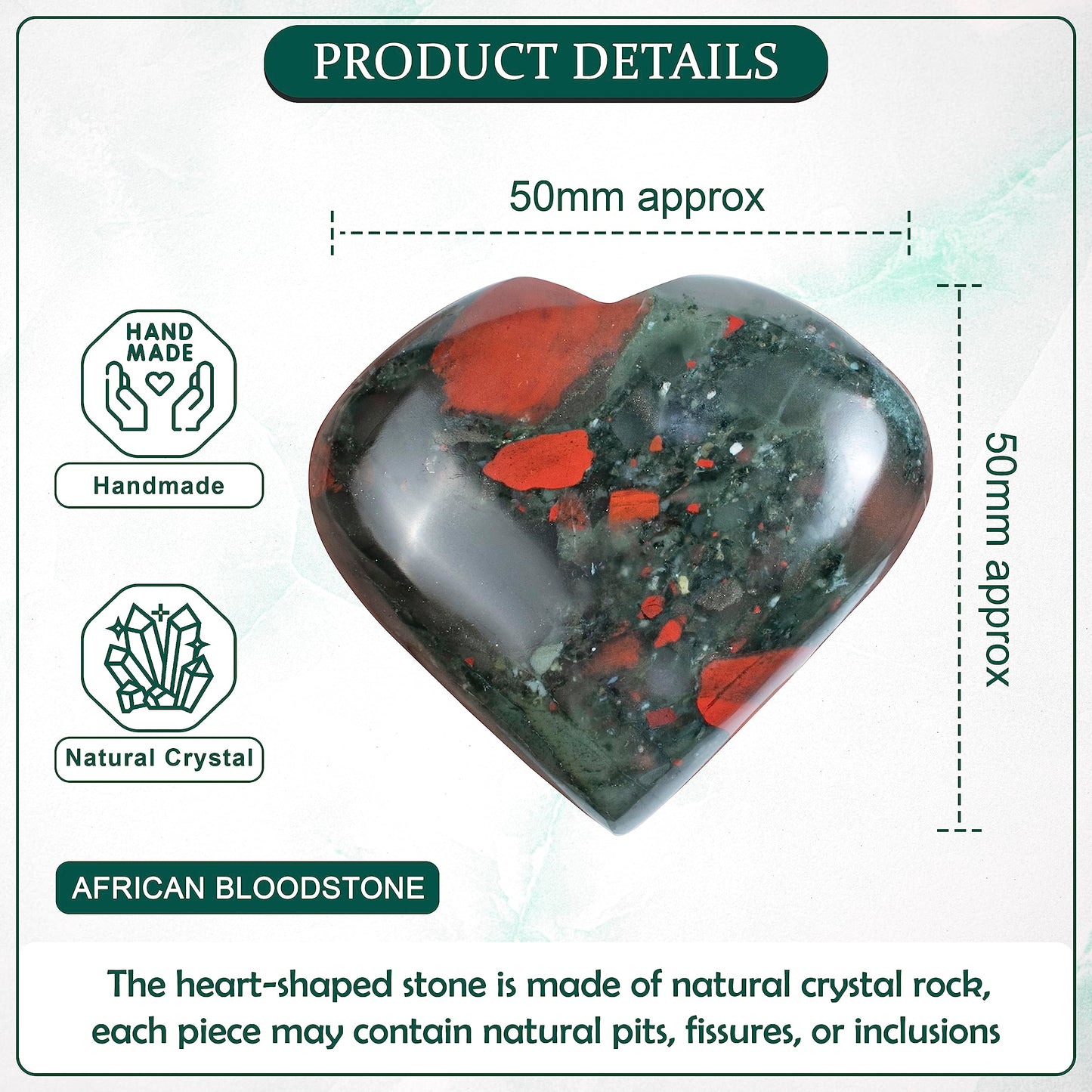Crocon 50mm African Bloodstone Heart Stone Big Heart Shape Puff Stones Set 450+ Carats Pocket Crystal Healing Tumble Collection Palm Worry Stone Good Luck Charm Meditation Gift Craft Home Decor