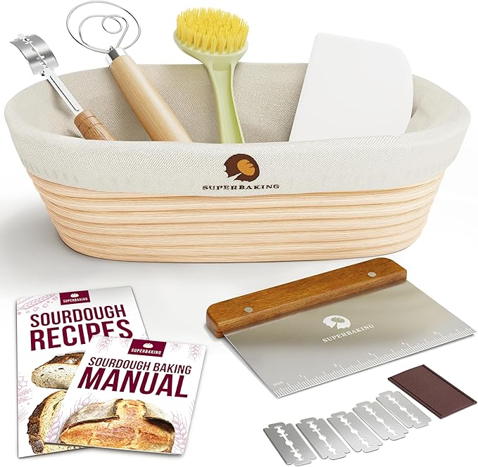 Superbaking 10" Oval Banneton Bread Proofing Basket â Sourdough Starter Kit for Crusty Artisan Style Loaves, Includes Essential Bread Baking Supplies & Tools - Ideal Gift for Bakers