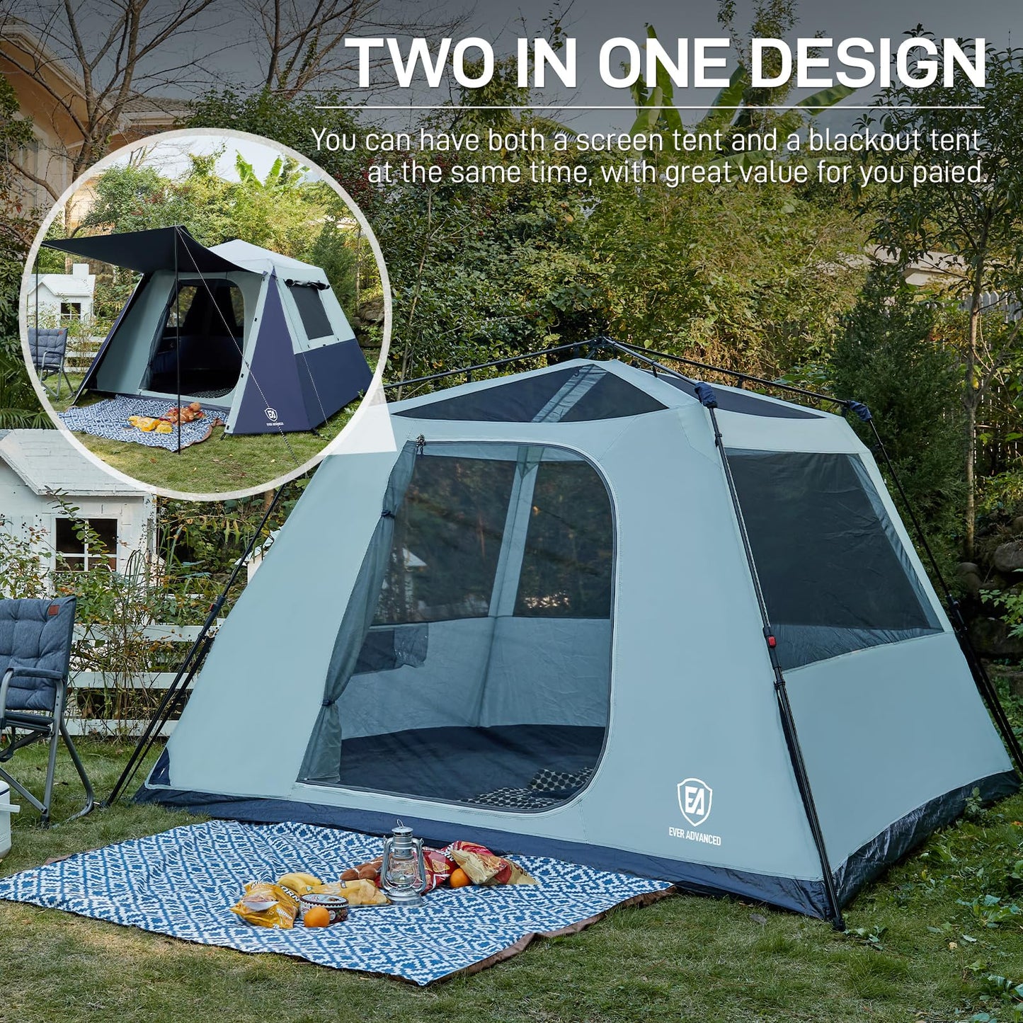 EVER ADVANCED Blackout 6 Person Camping Tent, Instant Cabin Tent for Family with Vestibule and Large Mesh Windows, 60s Easy Setup, Double Layer, Water-Resistant, Grey&Blue