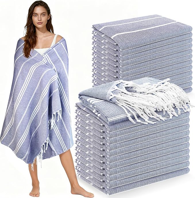 YSYJ 24 Pack Turkish Beach Towel 36"x71" Beach Towels Oversized Bath Towels Sand Free Quick Dry Turkish Towel Bulk Extra Large Pool Blanket Navy