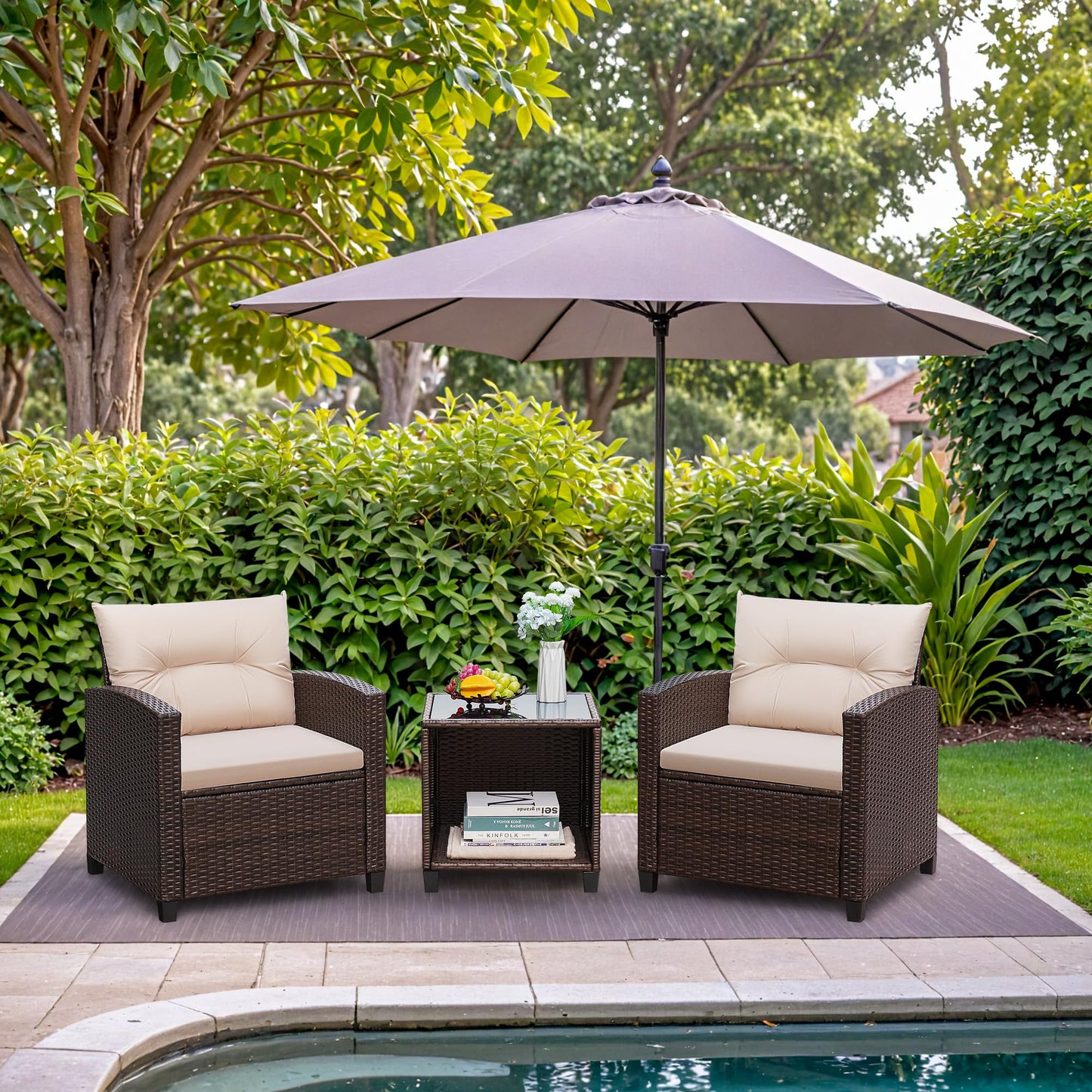 Greesum 3 Pieces Patio Furniture Sets Outdoor PE Rattan Wicker Chairs with Soft Cushion and Glass Coffee Table for Garden Backyard Porch Poolside, Beige