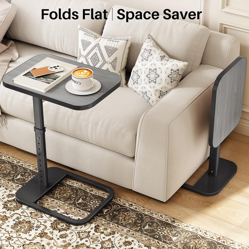 Kitstorack Upgraded TV Tray Table with Panel Lock, 90° Flip-Over Design & Adjustable Height, Sofa Arm Side Table for Eating, Laptop, Couch, Bed, or Small Spaces, Dark Gray