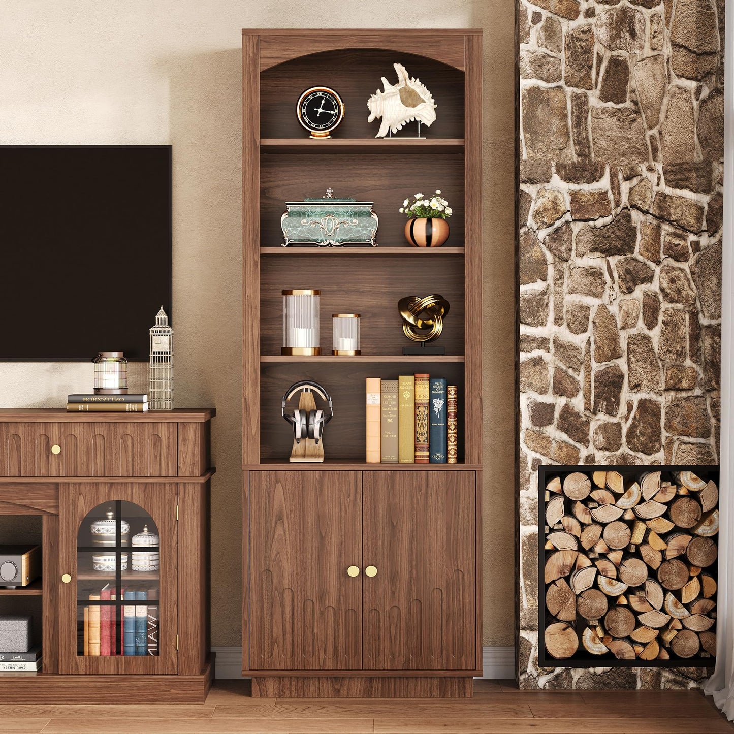 IRONCK Book Shelf and Bookcases with Doors Floor Standing 6 Shelf Display Storage Shelves, 70.8" Tall Bookcase for Home Office, Living Room, Mid-Century Modern, Walnut Brown