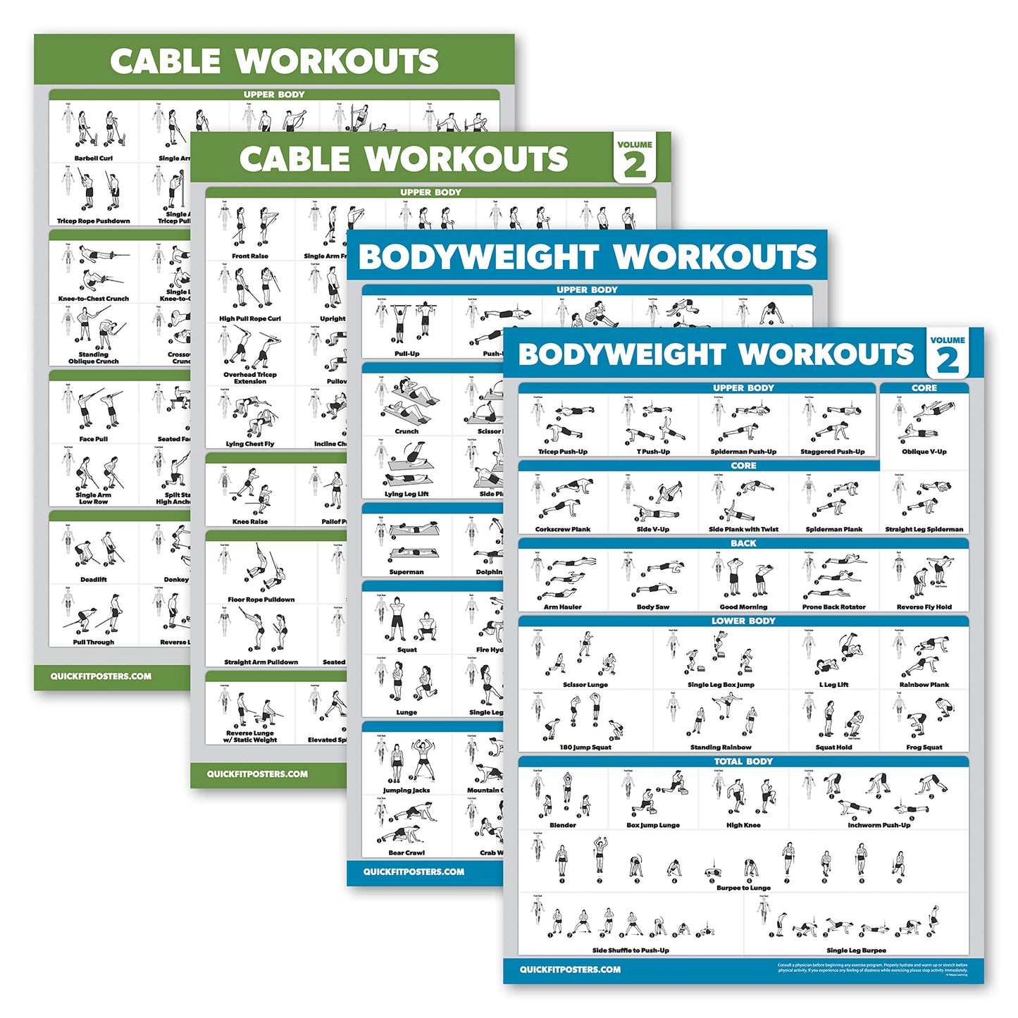 Palace Learning 4 Pack - Cable Machine Workout Posters Volume 1 & 2 + Bodyweight Exercises Chart Volume 1 & 2 (LAMINATED, 18" x 24"")"