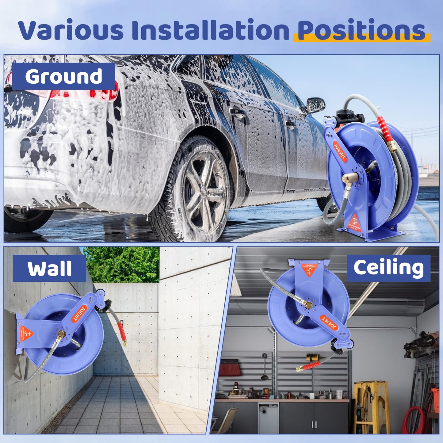 JOEJET Retractable Pressure Washer Hose Reel, 3/8" x 50 FT Power Washer Hose Reel with Hose, Wall/Floor Mounted, 4000 PSI, Blue