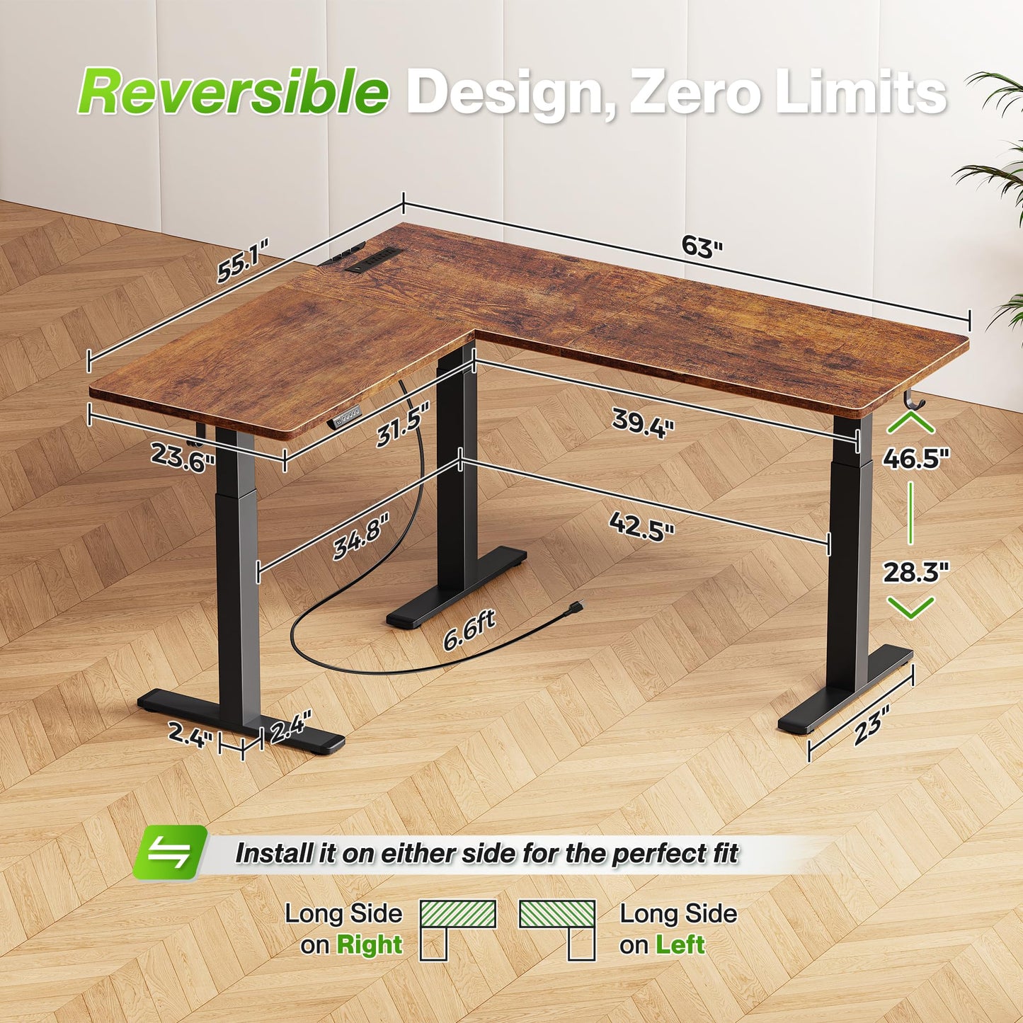 Huuger L Shaped Standing Desk with Power Outlets, 63 x 55 Inch Height Adjustable Computer Desk for Bedroom, Corner Stand up Desk for Home and Office, Work and Study, Rustic Brown
