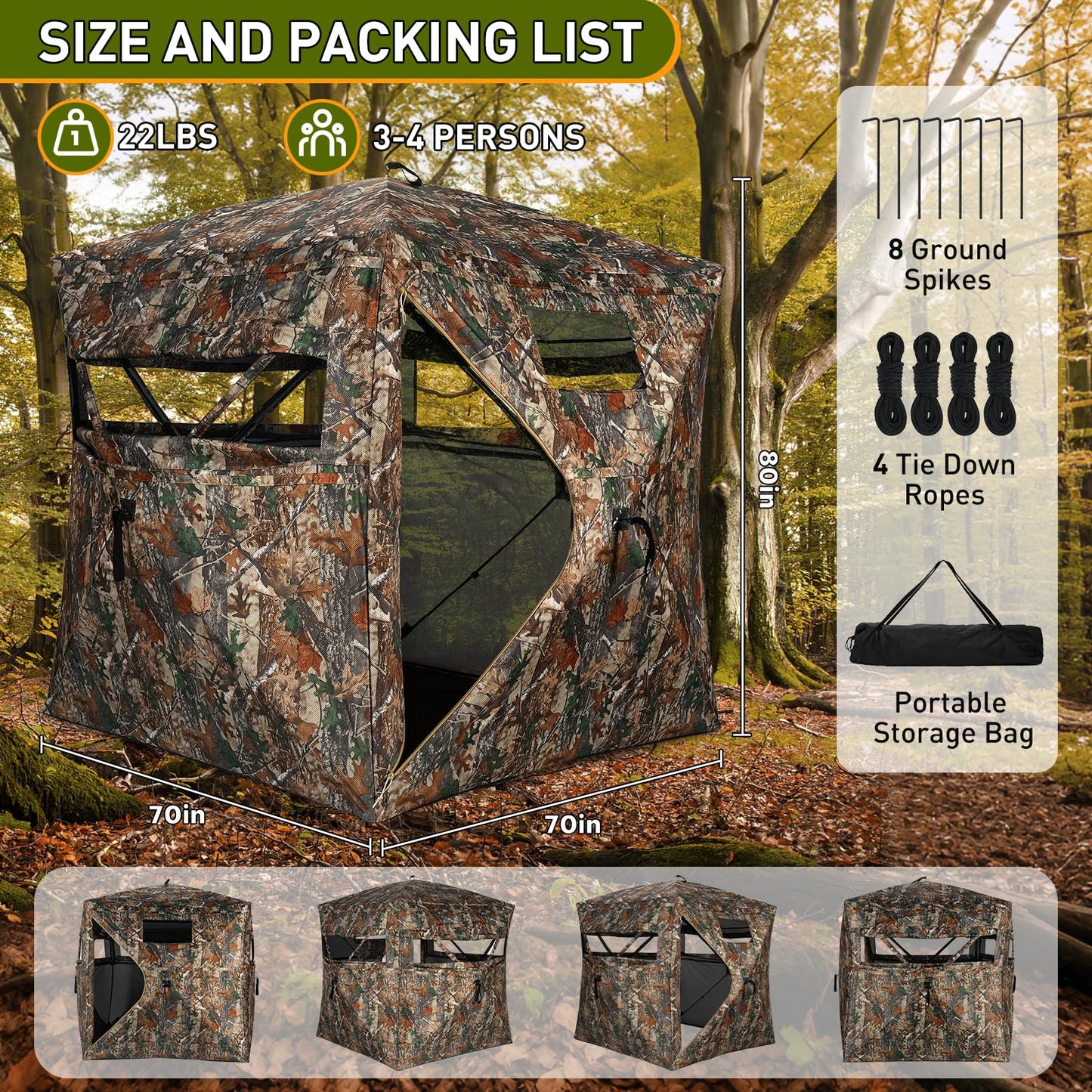 TLC Sport Hunting Blind with Carrying Bag, 360 Degree See Through Ground Blind, Pop Up Hunting Blind, Portable Concealed Camouflage Hunting Tent for 3-4 Person, Camouflage