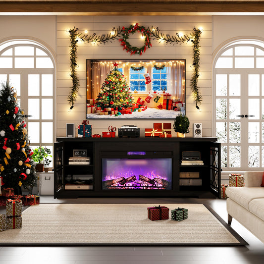 IDEALHOUSE 70" Fireplace TV Stand with 36" Electric Fireplace & 12 Flame Colors, Modern Farmhouse Entertainment Center with Lattice-Door Storage for TVs Up to 80", Wood Console for Living Room, Black