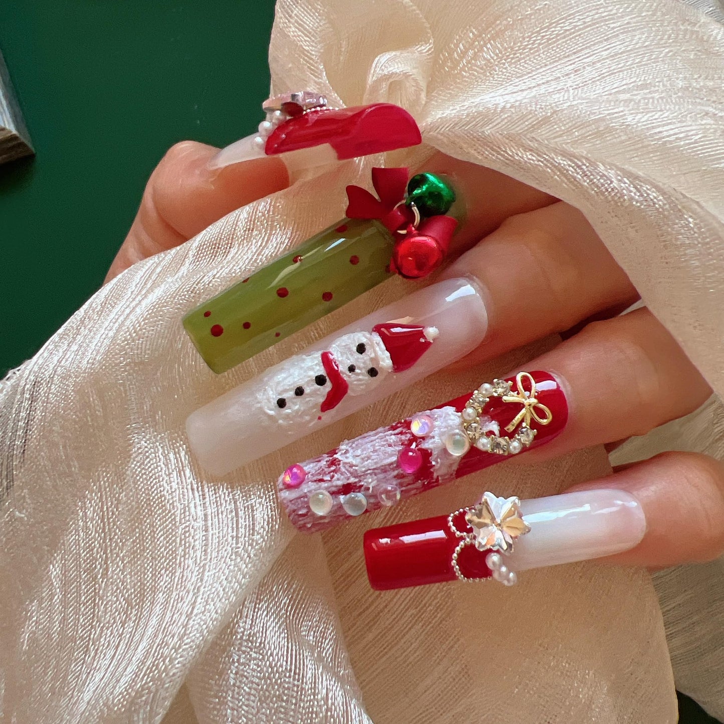 NAIL ANGEL 10PCS/SET Glamorous Handmade Press On Nails Christmas Xmas Holiday Bell Snowflake French Style Long Coffin Nails Party Nails XXL Long Artifical Tips ZJ14 (ZJ14, S)