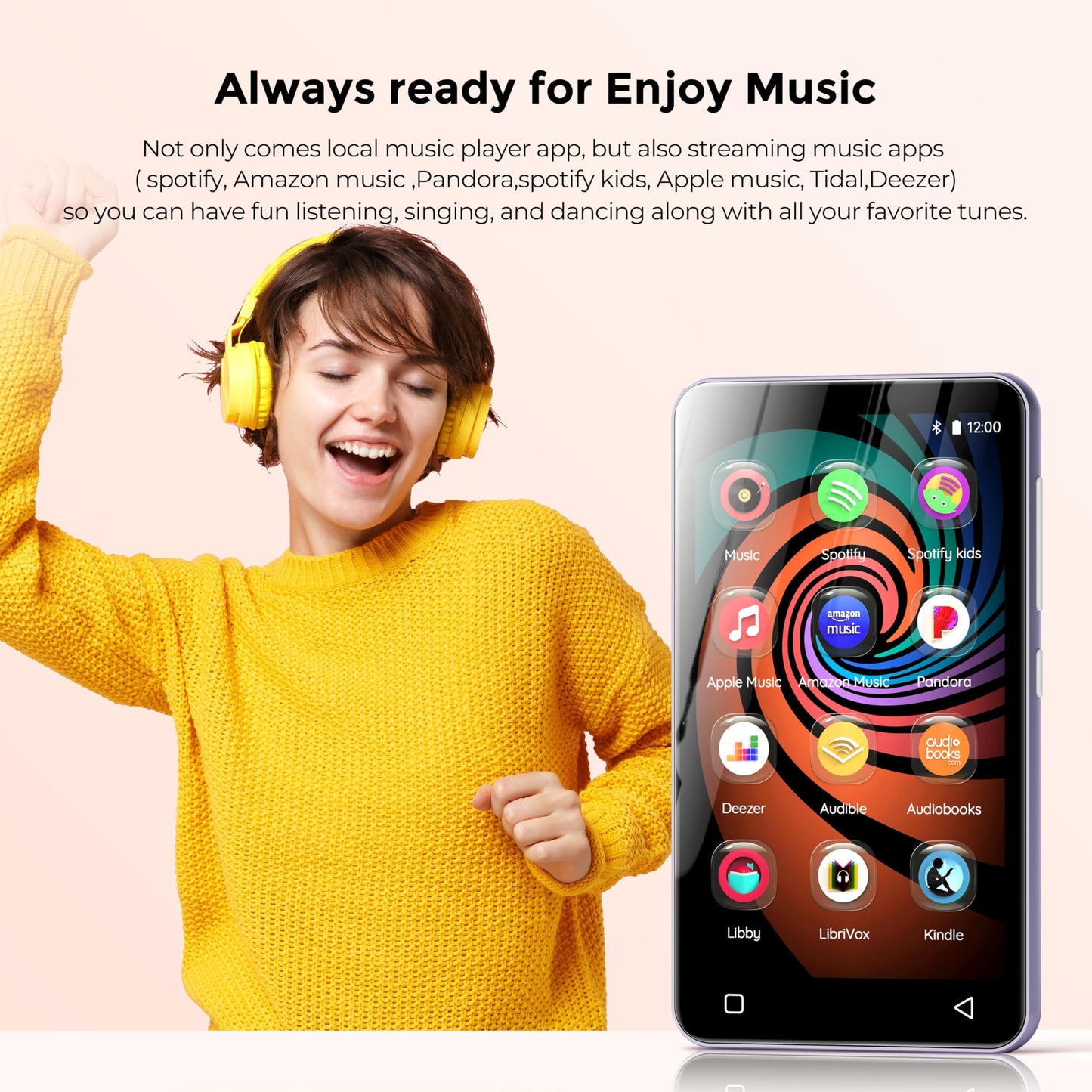160GB MP3 Player with Bluetooth and WiFi, innioasis Music Player with Spotify,Pandora,Amazon Music,4" Touch Screen Android MP4 MP3 Player for Kids with Libby,Audible,Spotify Kids (Purple)