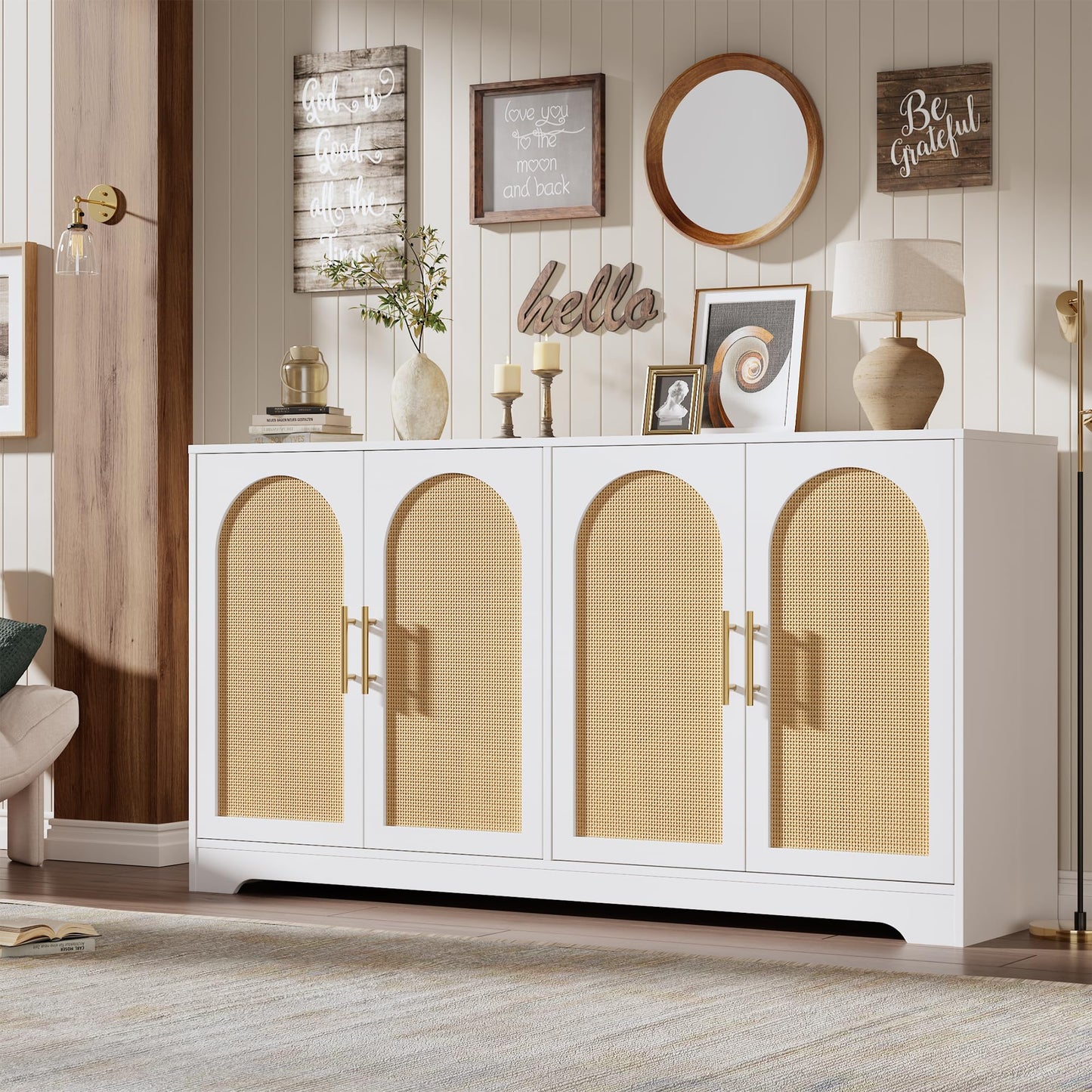 GarveeHome 59” Sideboard Buffet Cabinet - Large Credenza Storage with 4 Rattan Doors, Modern Console Table Accent Coffee Bar Cabinet for Living Room, Kitchen, Hallway, Dining Room, Entryway, White