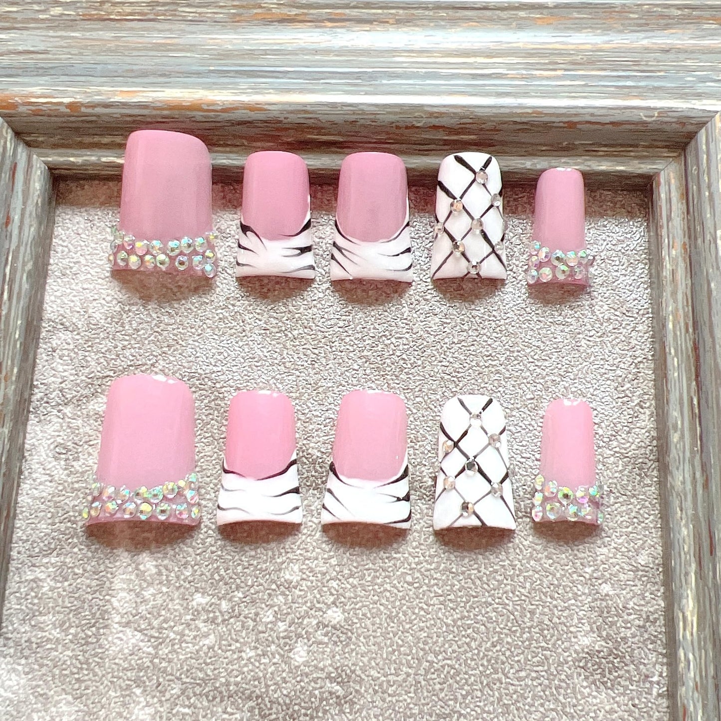 NAIL ANGEL 10PCS/SET Glamorous Handmade Press On Nails Leopard Prints Butterfly Rhinestones French Style Duck Nails Party Nails Duckbill Artifical Tips ZJ22/23/24 (ZJ-22, M)