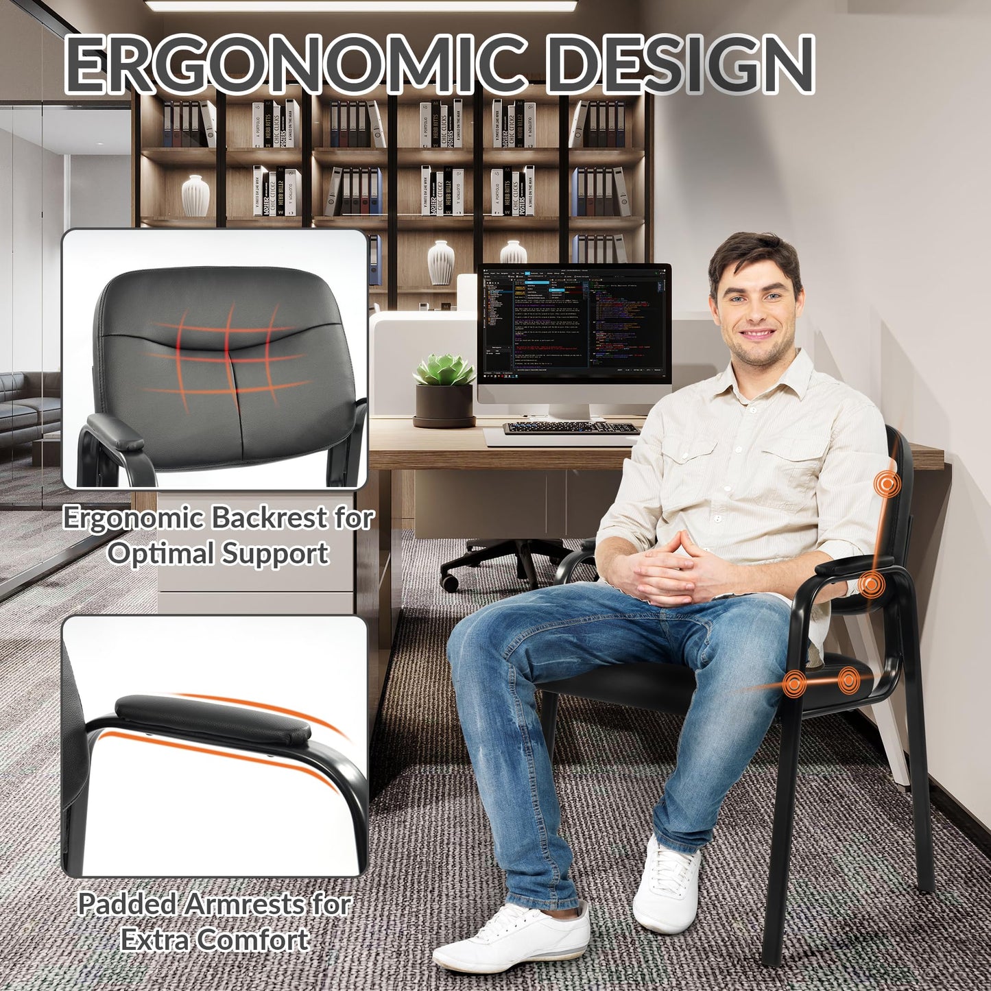 Elevon Waiting Room Chairs No Wheels Set of 4, Leather Stationary Office Reception Guest Chair with Padded Arms for Elderly Desk Conference Room Lobby Table Side Salon