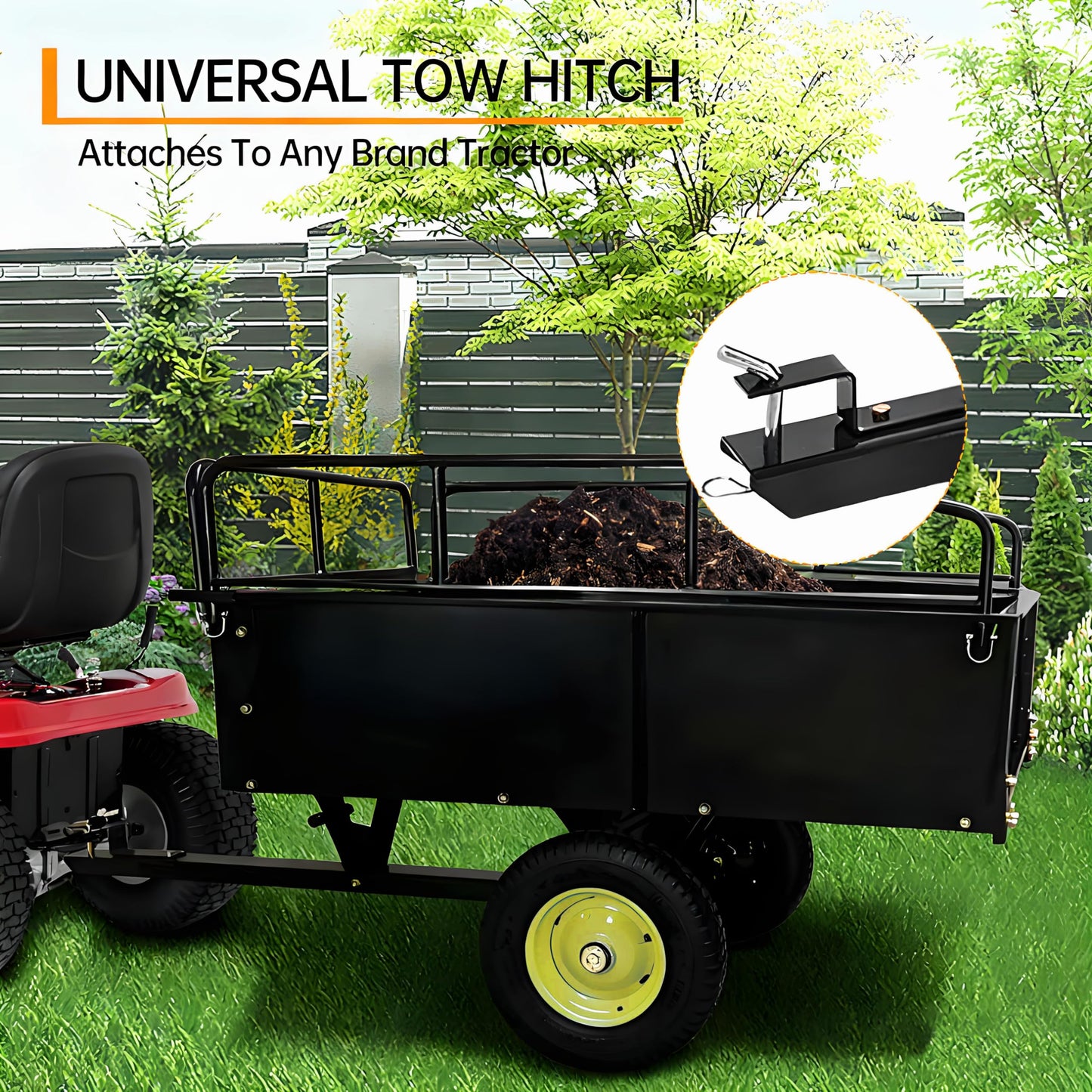 GarveeLife Utility Trailer, ATV Steel Garden Trailer, 750 LBS 15 Cu.Ft. with Removable Sides, Pneumatic Tires and Quick Dump Pull Back, Heavy Duty Lawn Mower Trailers for Lawn Mowers, Tractors, Farm