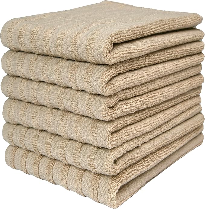 Premium Kitchen Towels (20âx 28â, 6 Pack) | Large Cotton Dish Towels 450 GSM | Highly Absorbent Terry Kitchen Linen Set with Hanging Loop | Tan Solid