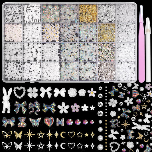 3D Nail Charms Junk Case Charms White Nail Flower Mix Style Butterfly Rose Bow Hollow Pearl Heart Nails Art Charm with Rhinestones Flatback Pearl for Acrylic Nails Art Manicure DIY
