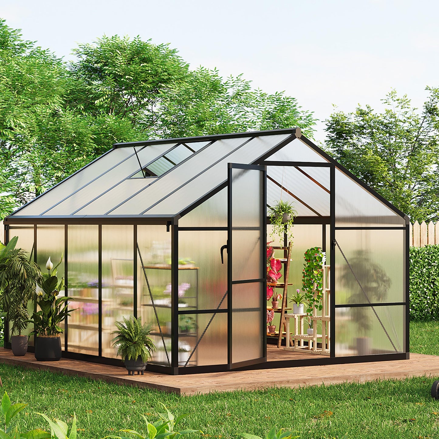8X10 FT Outdoor Polycarbonate Greenhouse, Sturdy Aluminum Frame, Adjustable Roof Vent, Ideal for Backyard, Patio, or Garden, All-Weather Green House for Growing Plants and Vegetables