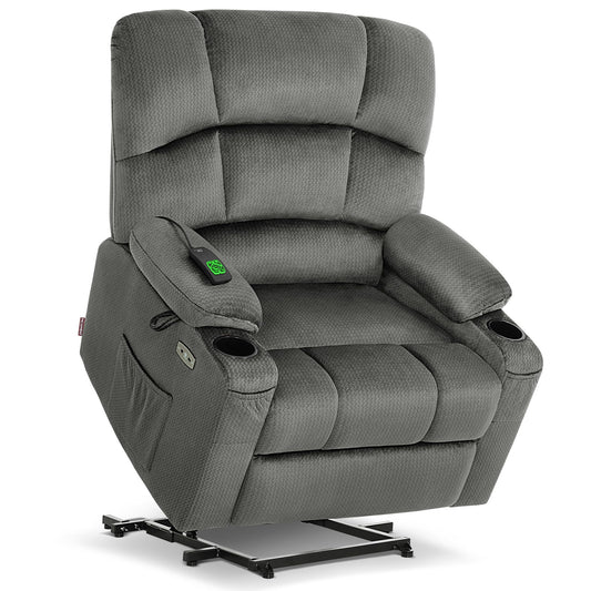 MCombo Oversized Dual Motor Power Lift Recliner Chair Sofa with Massage and Heat for Big Elderly People, Infinite Position, USB Ports, Fabric R7677 (Grey, Medium-Oversize)