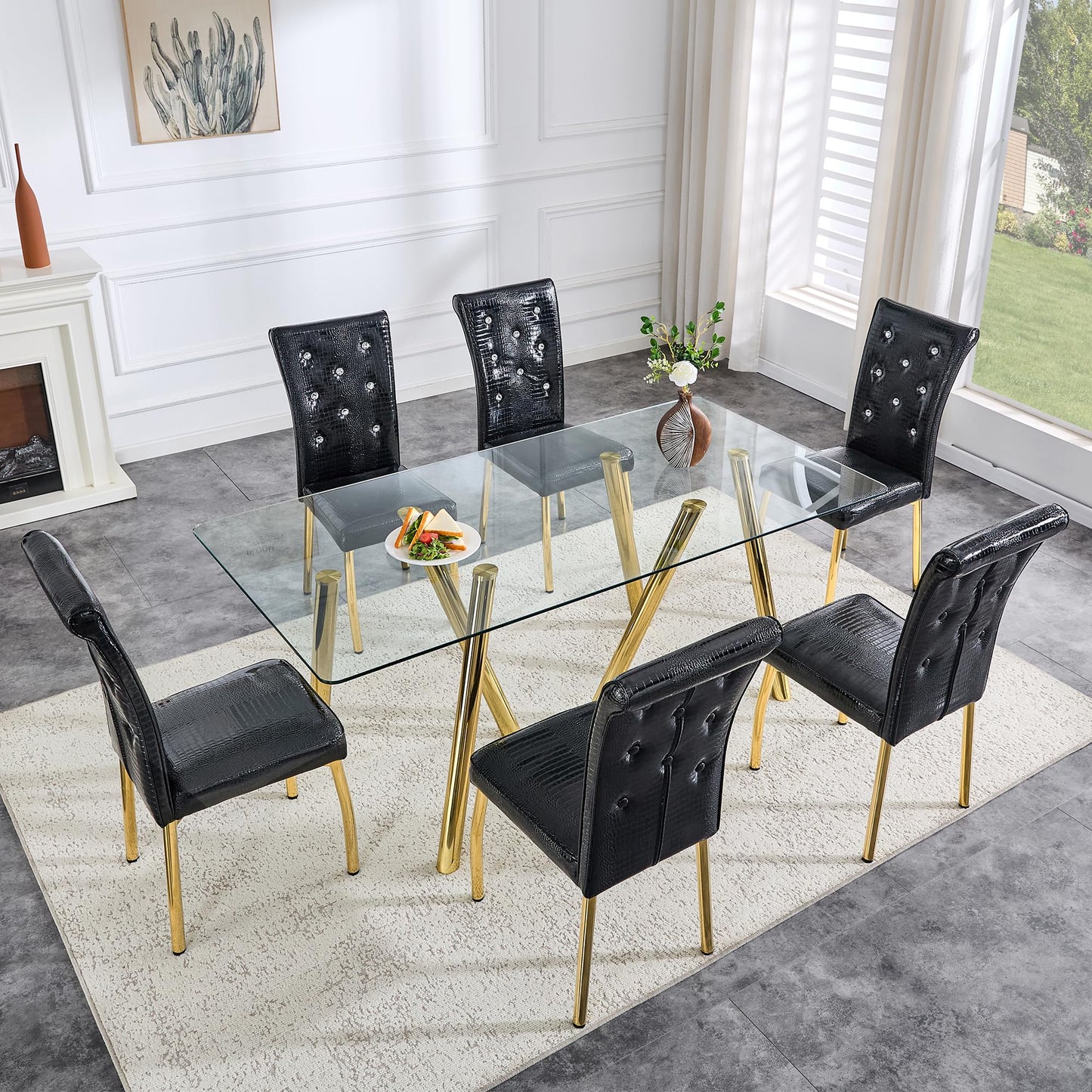 Vohward 71" Tempered Glass Dining Table Set for 6, 7 Piece Glass Dining Room Table Set with 6 Black Upholstered Chairs, Gold Metal Legs Modern Rectangular Kitchen Table and Chairs Set for Home