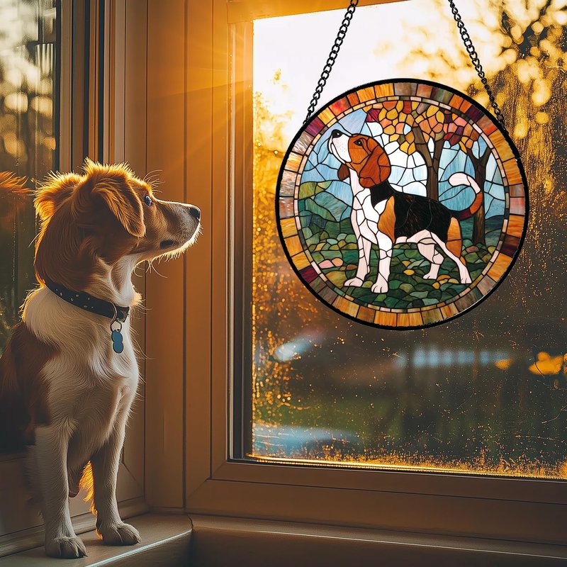 GEFOS Stained Glass Window Hanging Cute Dog Beagle Trees Large 11.8" - Suncatcher Door Garden Sunroom Sun Catcher Home Decor Birthday Christmas for Lost Pets Mom Men Woman Nana