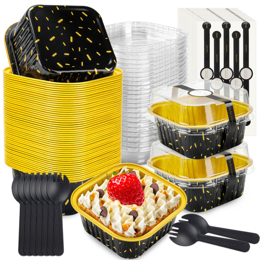 NPLUX 50 Pack Mini Cake Pans with Lids and Spoons Aluminum Foil Pans Square Cake Tins for Bakery Party Wedding (Black Gold Spot,5 oz)