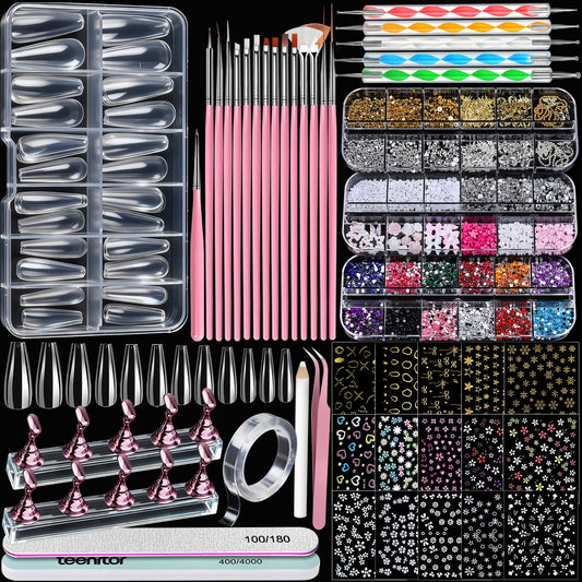 Teenitor Acrylic Nail Kit with Clear Coffin Nail Tips, Nail Charms and Gems, Nail Stickers, Nail Art Brushes, Nail Dotting Tools, Nail Stand, Press On Nails Kit for DIY Nail Art