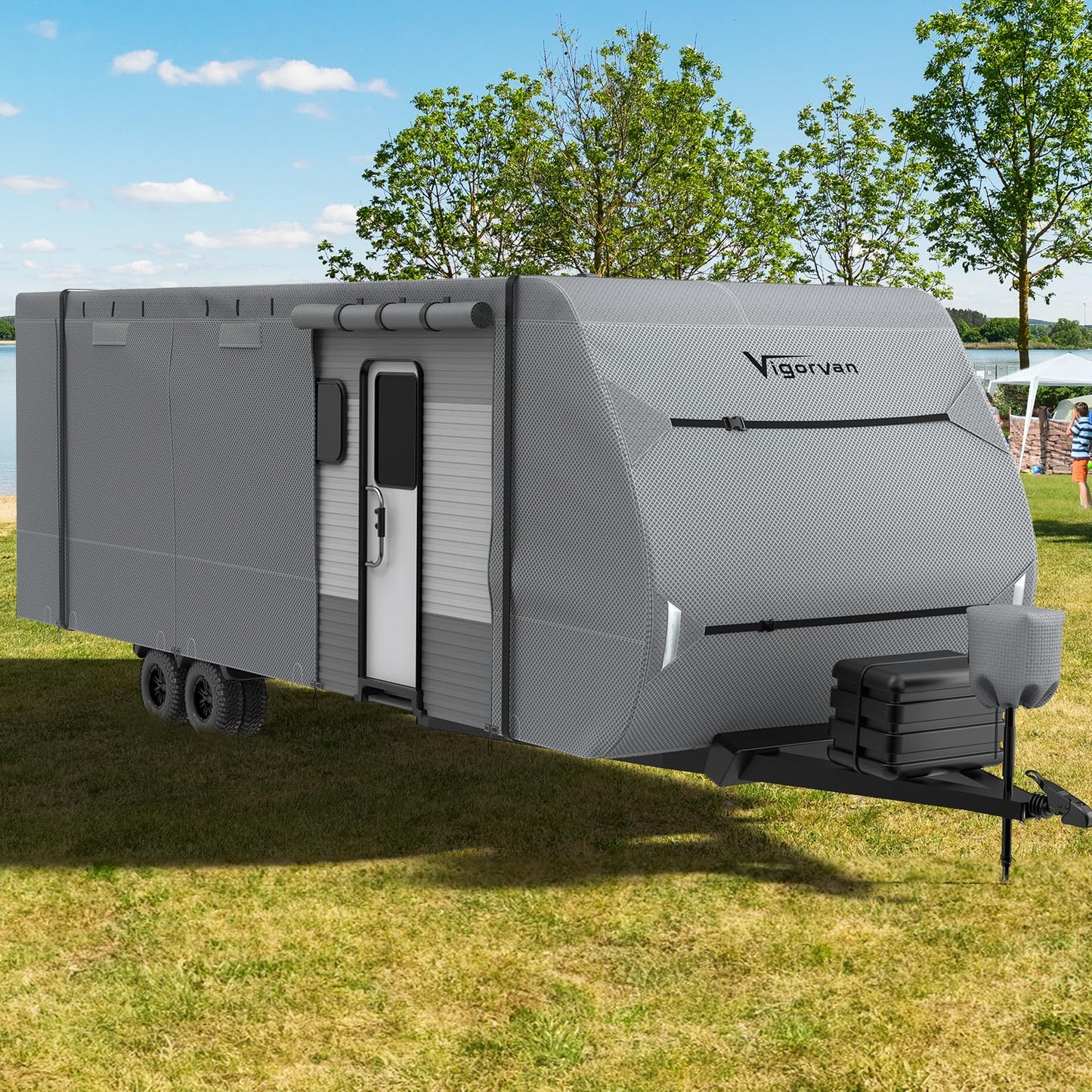 RV Cover Vigorvan Upgrad 7 Layers Top Camper Cover Windproof Travel Trailer Cover for 27-30FT RV, Toy Hauler Cover with Tongue Jack Cover, Extra Windproof Ropes, Gutter Covers