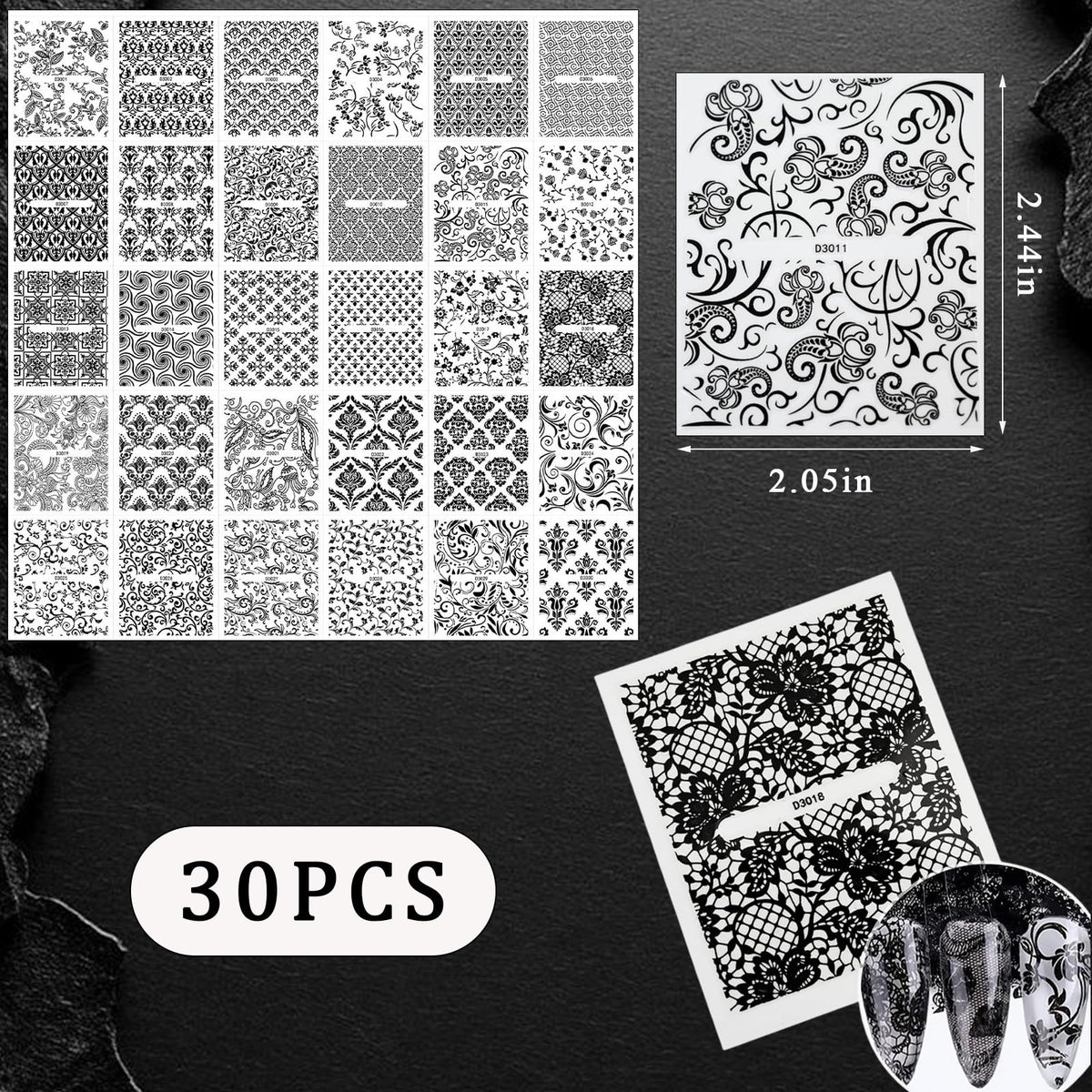 WEIXIWUYU 30 Sheets Black Lace Nail Art Stickers 3D Self-Adhesive Black Hollow Retro Floral Vine Design Decals for Women Girls DIY Manicure Slider Decorations