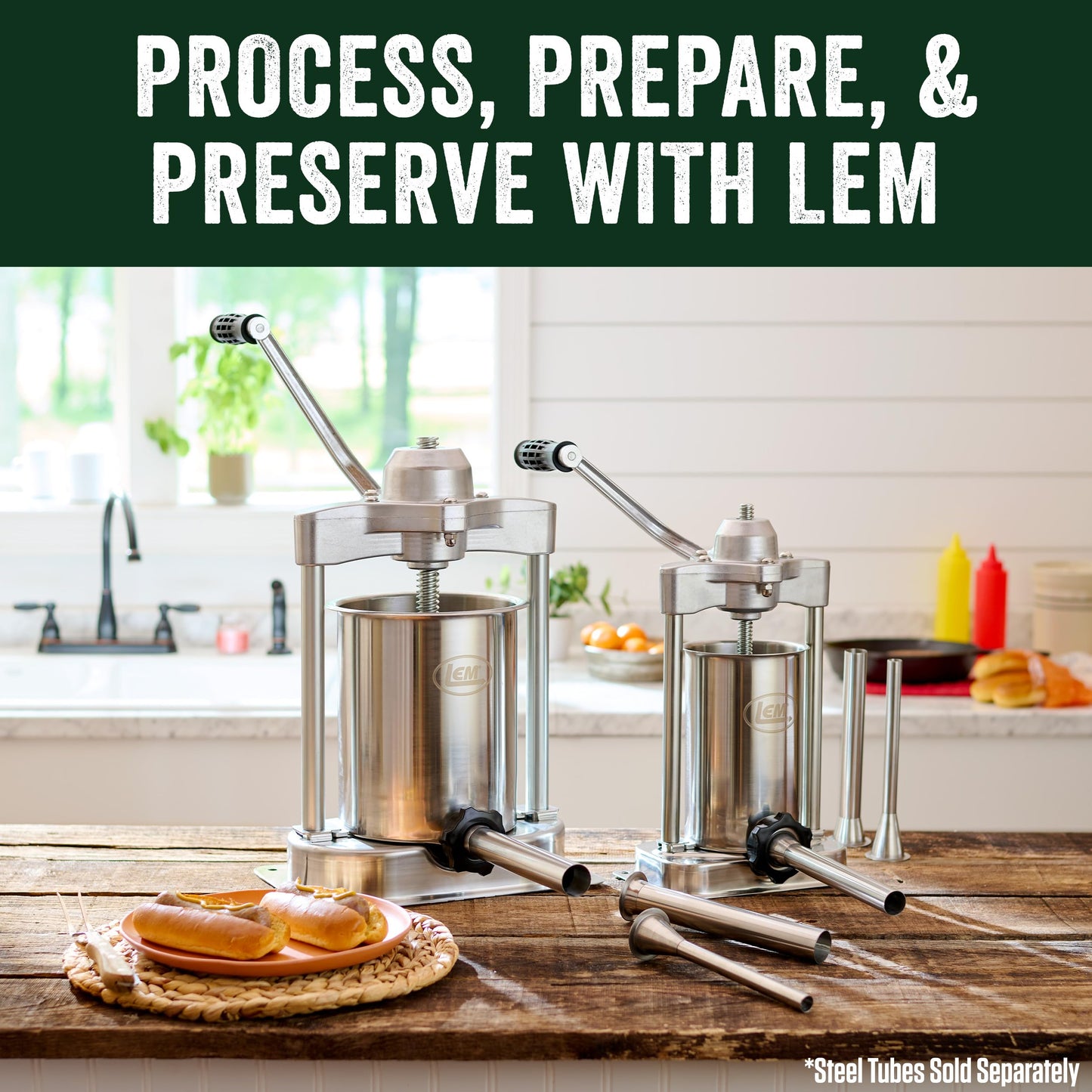 LEM Products MightyBite Vertical Stainless Steel 5 Pound Capacity Sausage Stuffer with Plastic Stuffing Tubes and Natural Hog Casings (32-35mm)