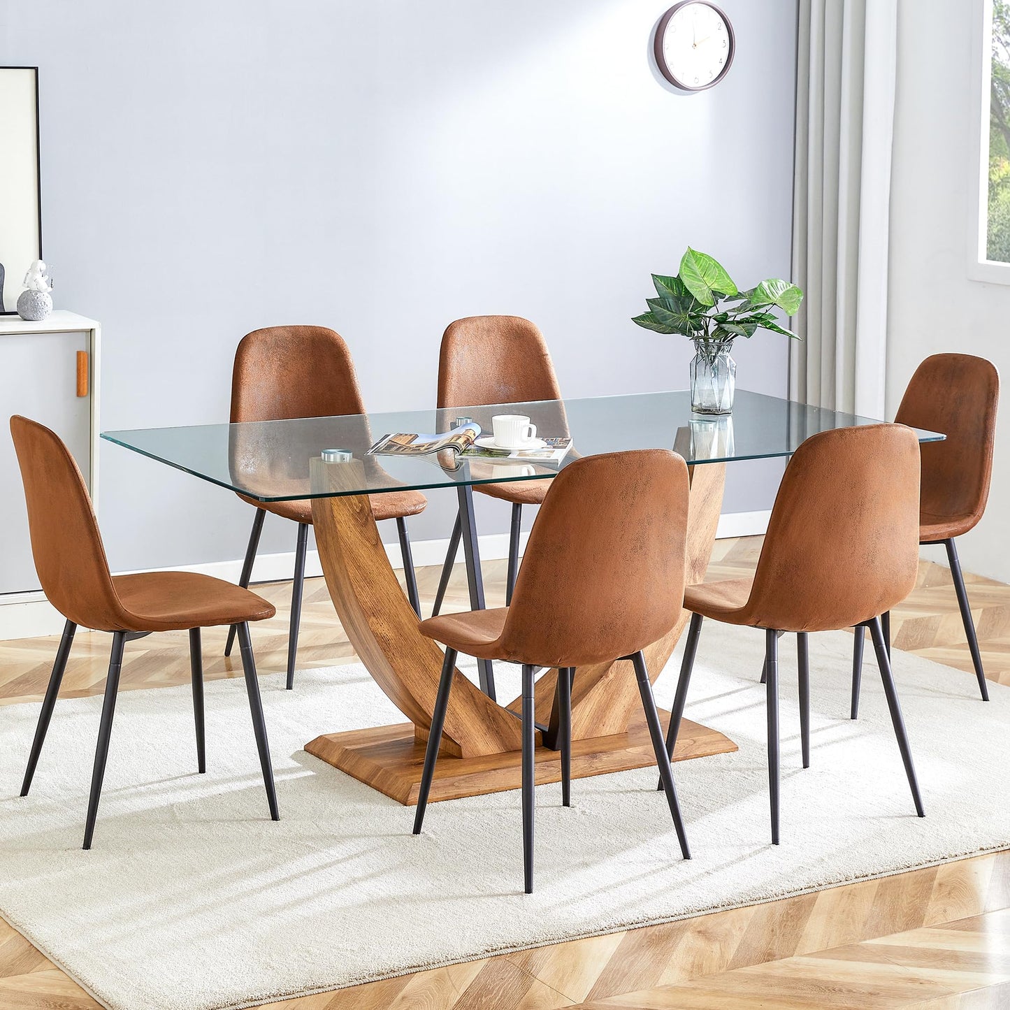 JEARGE 71" Glass Dining Table Set for 6, 7 Piece Dining Table Set,Tempered Glass Table Top with U-Shaped Legs and Fabric Dining Chairs,Ideal for Kitchens, Living Rooms (Brown Chair, 1 Table+6 Chairs)