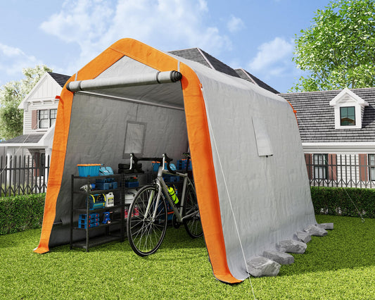 AMERLIFE 6x8x6.6 FT Heavy Duty Portable Shed Storage Shelter, Outdoor Storage Shed with 2 Waterproof Windows & Roll-Up Zipper Door, Carport for Motorcycle, Bike, Gray