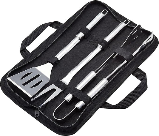 Amazon Basics 4-Piece Stainless Steel BBQ Grilling Tool Set with Carry Bag, Rust-Resistant, Dishwasher Safe