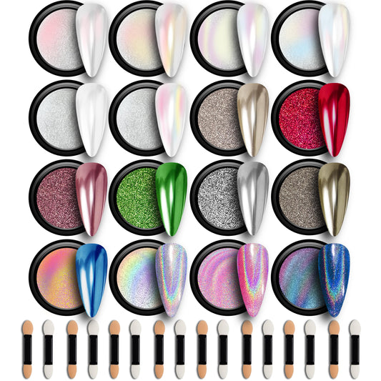 GELPARTY 16 Colour Chrome & Holographic Nail Powder Kit – Mirror-Effect Metallic Nail Art Pigment Set for UV/LED Gel Nails, Professional DIY Home Salon Finish