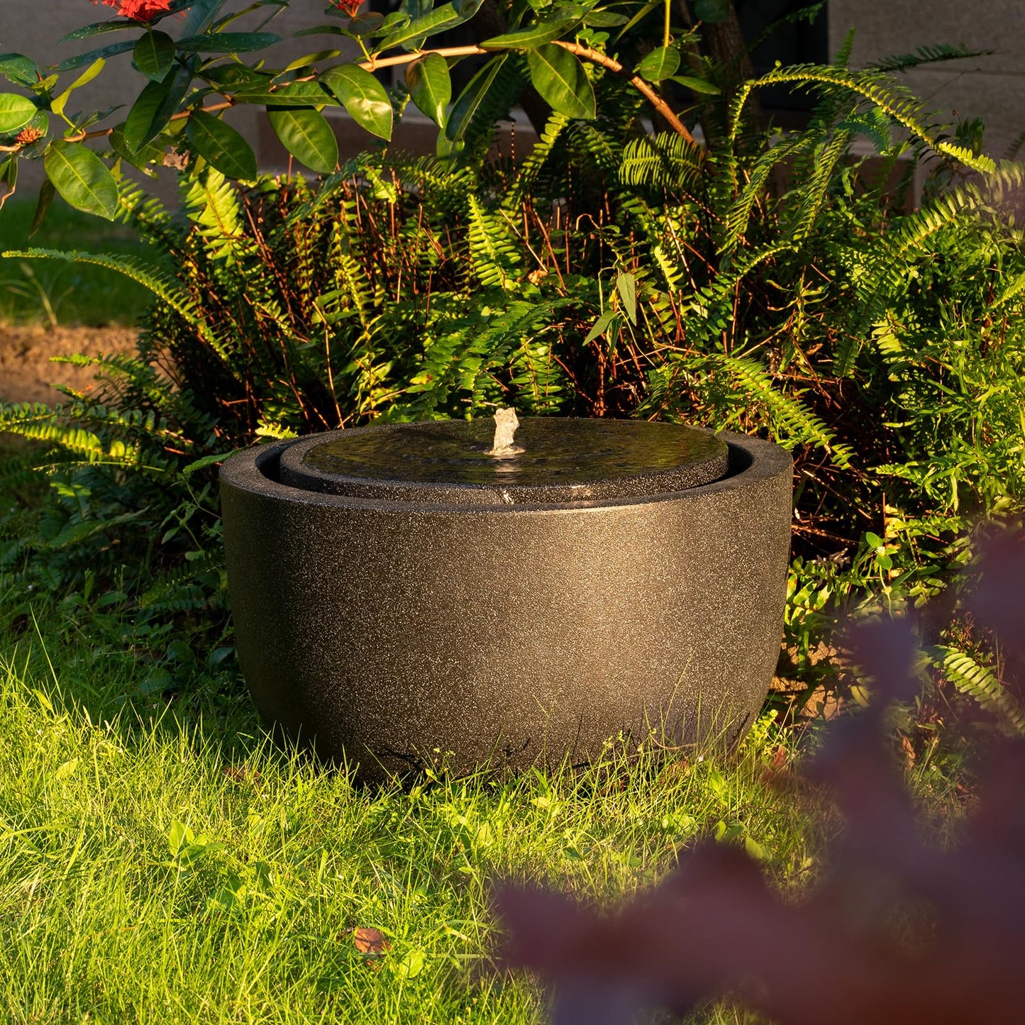 Puulye 12.60” H Outdoor Water Fountain Made with Eco-Friendly Recyclable Materials, Polyethylene Round Bubbler Water Fountain Outdoor, Garden Decor with LED Light for Patio, Porch, Backyard (12.60")
