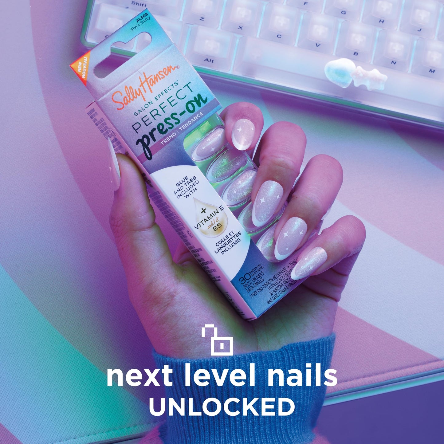 Sally Hansen Salon Effects Perfect Press-On Nails | Square Shape | Easy to Apply, Non-Damaging | 30 Nails, Nail Glue, Adhesive Tabs, File | Hues & Clues